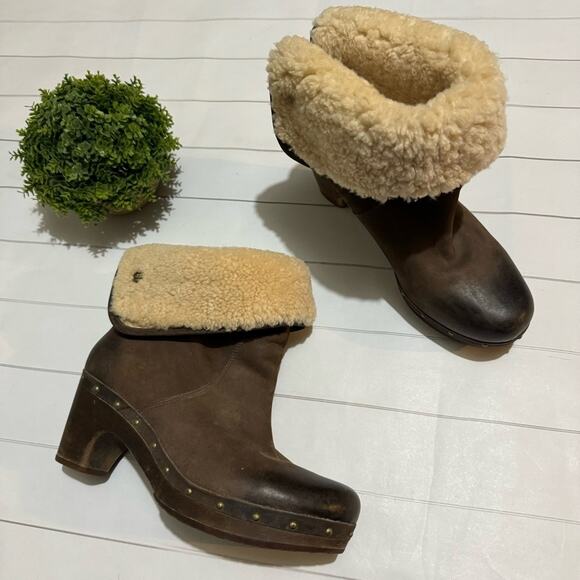 UGG Lynn Style 3207 Brown Leather‎ Cream Sheepskin Shearling Boots Women’s 8 - Picture 1 of 5